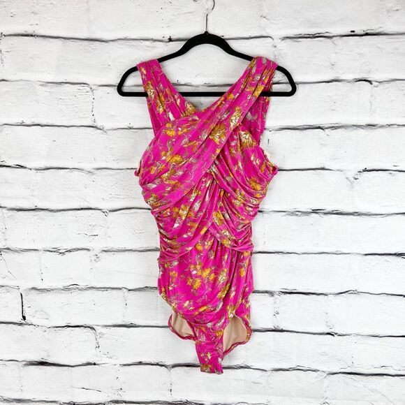 Garnet Hill Women's Pink Floral Ruched One-Piece Swimsuit Size 14 - Picture 1 of 6